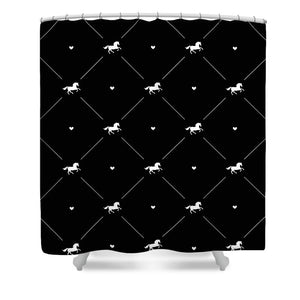 Vector seamless pattern of white horse silhouette with heart isolated on black - Shower Curtain