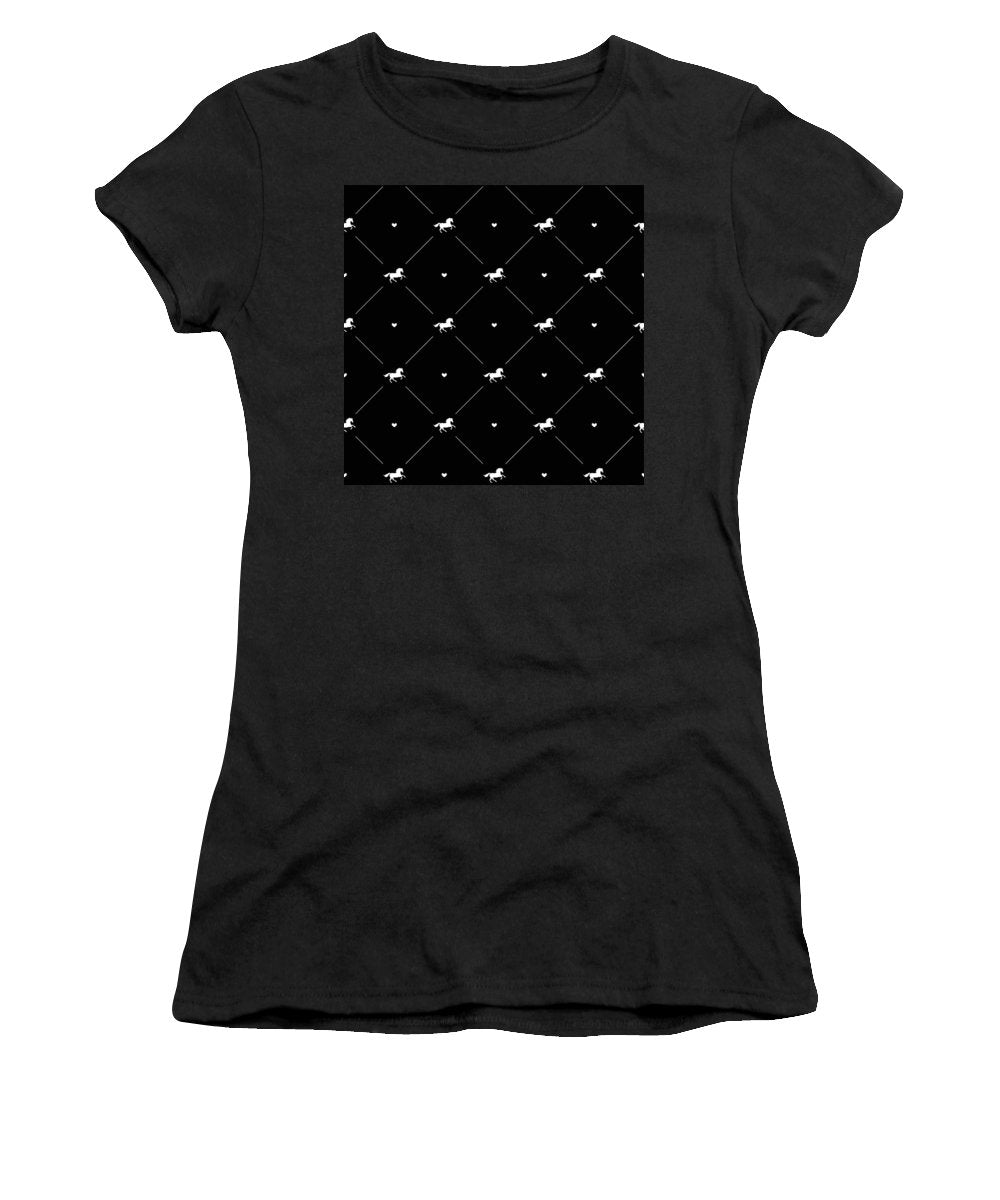Vector seamless pattern of white horse silhouette with heart isolated on black - Women's T-Shirt