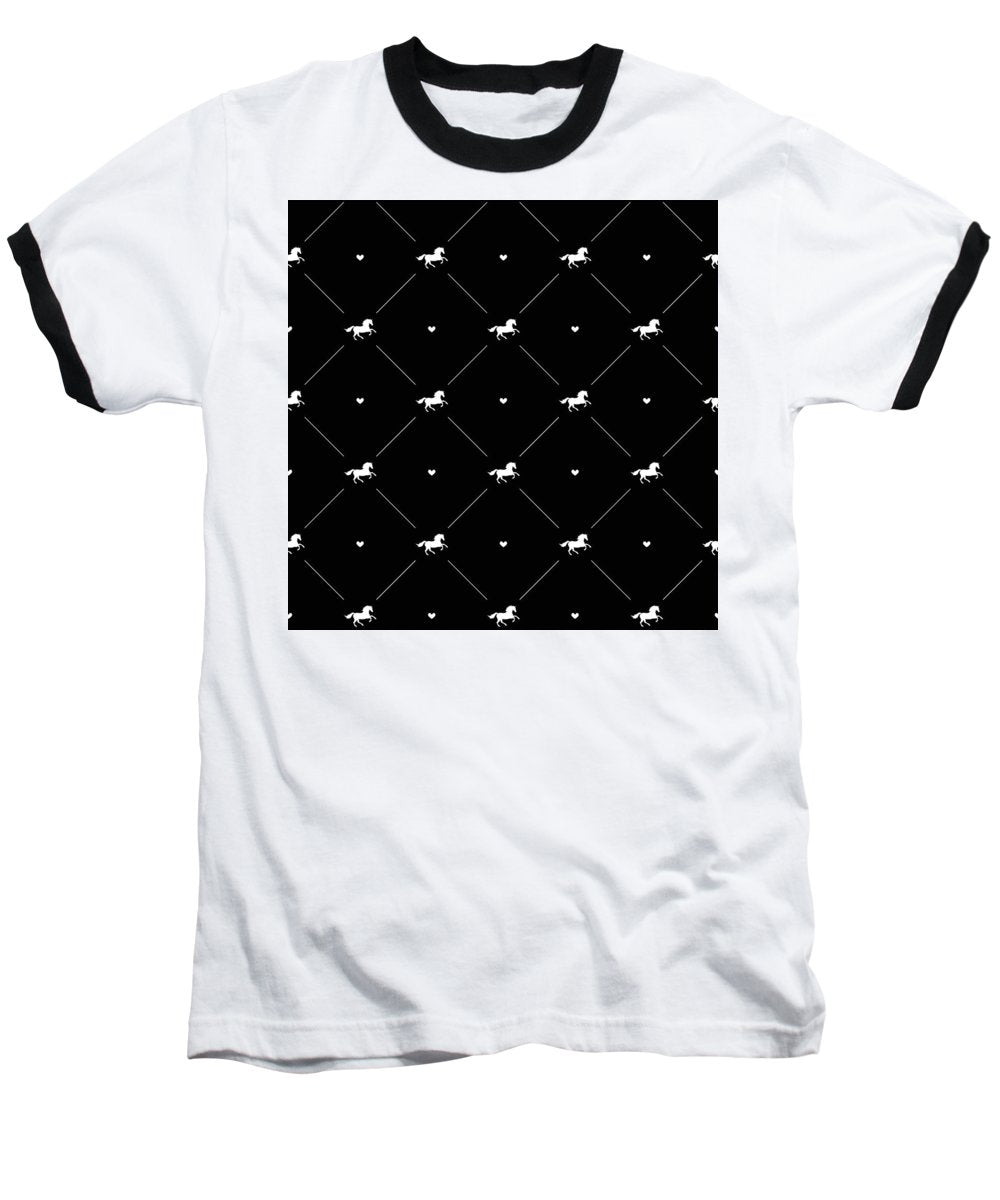 Vector seamless pattern of white horse silhouette with heart isolated on black - Baseball T-Shirt