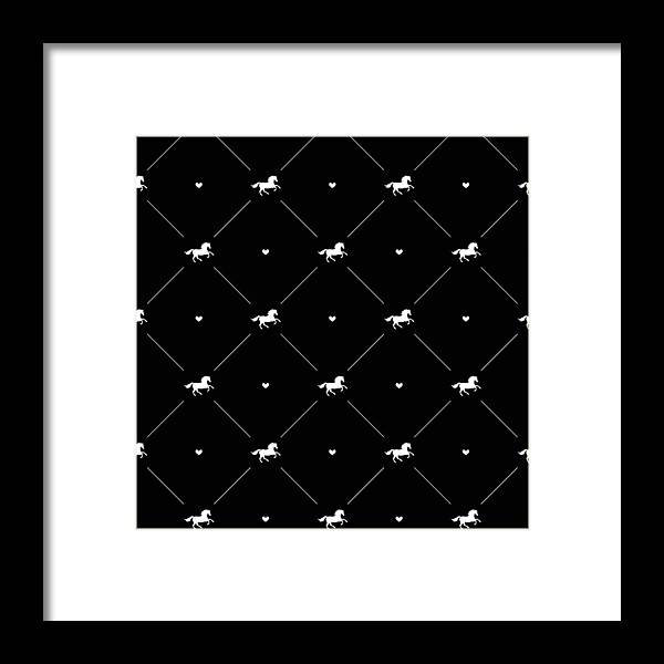 Vector seamless pattern of white horse silhouette with heart isolated on black - Framed Print