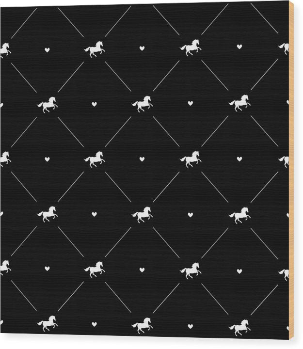 Vector seamless pattern of white horse silhouette with heart isolated on black - Wood Print