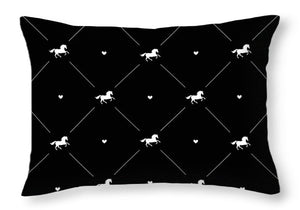 Vector seamless pattern of white horse silhouette with heart isolated on black - Throw Pillow