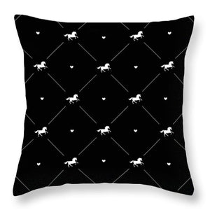 Vector seamless pattern of white horse silhouette with heart isolated on black - Throw Pillow