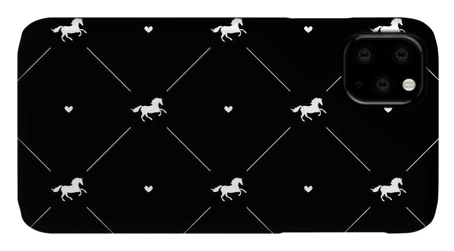 Vector seamless pattern of white horse silhouette with heart isolated on black - Phone Case