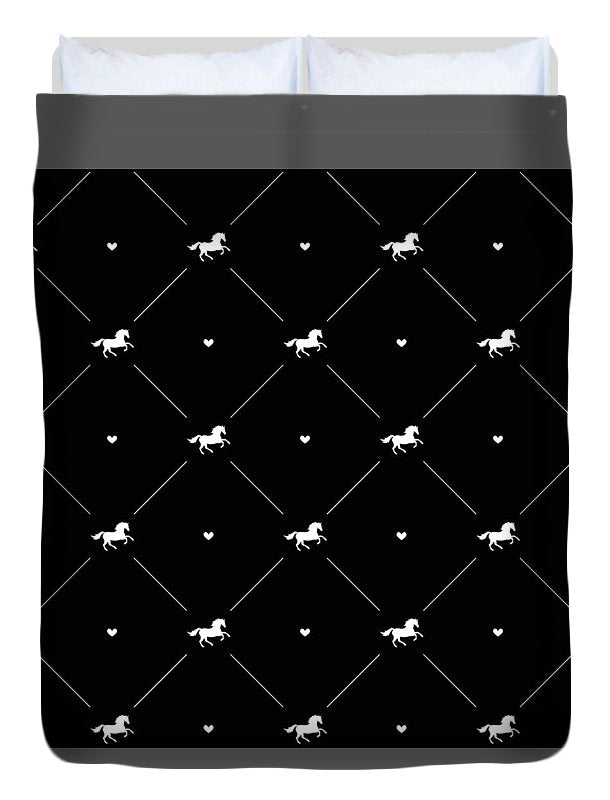 Vector seamless pattern of white horse silhouette with heart isolated on black - Duvet Cover