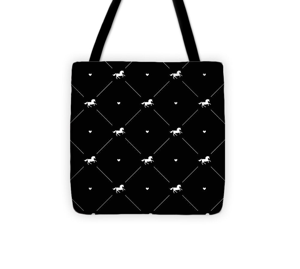 Vector seamless pattern of white horse silhouette with heart isolated on black - Tote Bag