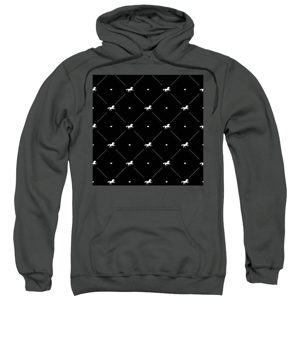 Vector seamless pattern of white horse silhouette with heart isolated on black - Sweatshirt