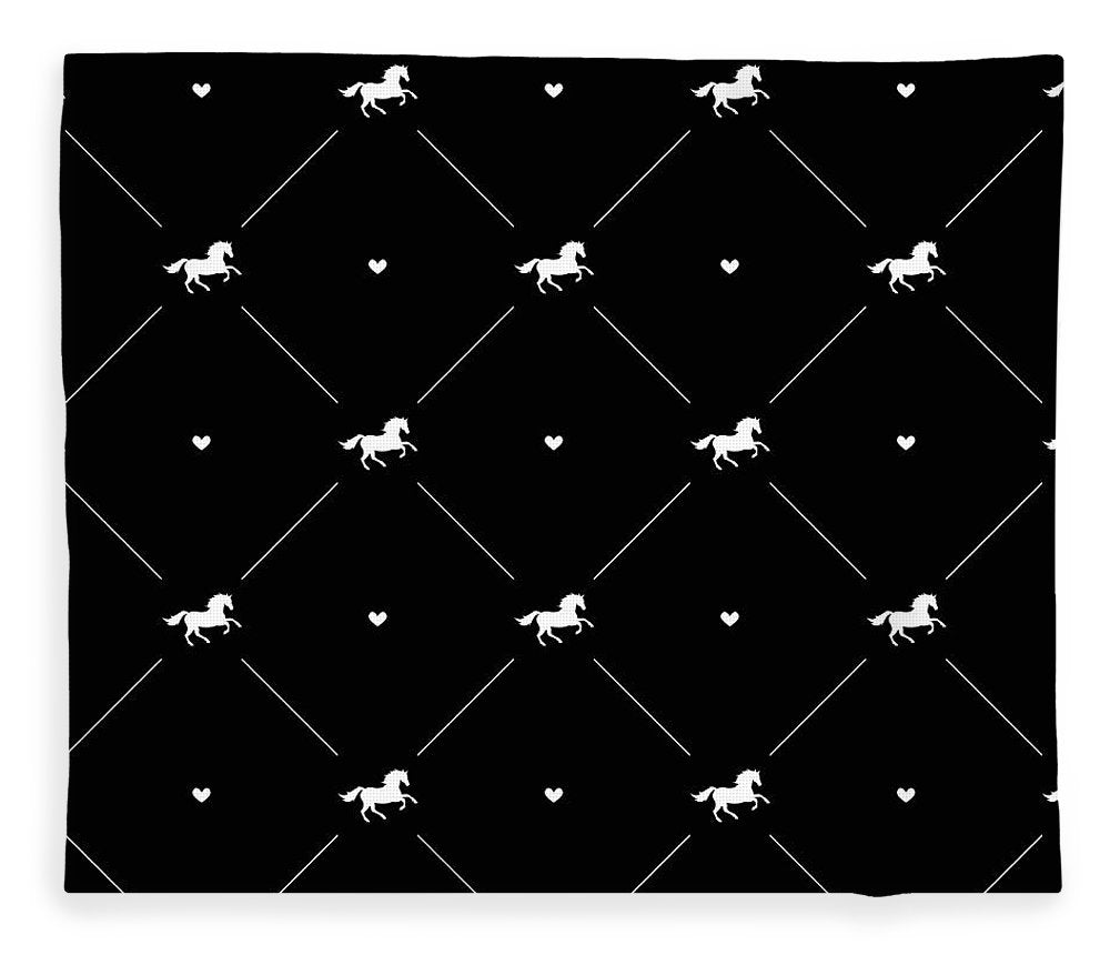 Vector seamless pattern of white horse silhouette with heart isolated on black - Blanket