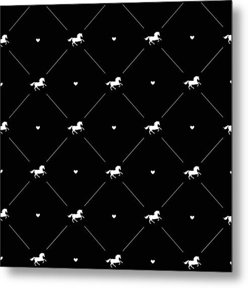 Vector seamless pattern of white horse silhouette with heart isolated on black - Metal Print
