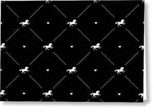 Vector seamless pattern of white horse silhouette with heart isolated on black - Greeting Card