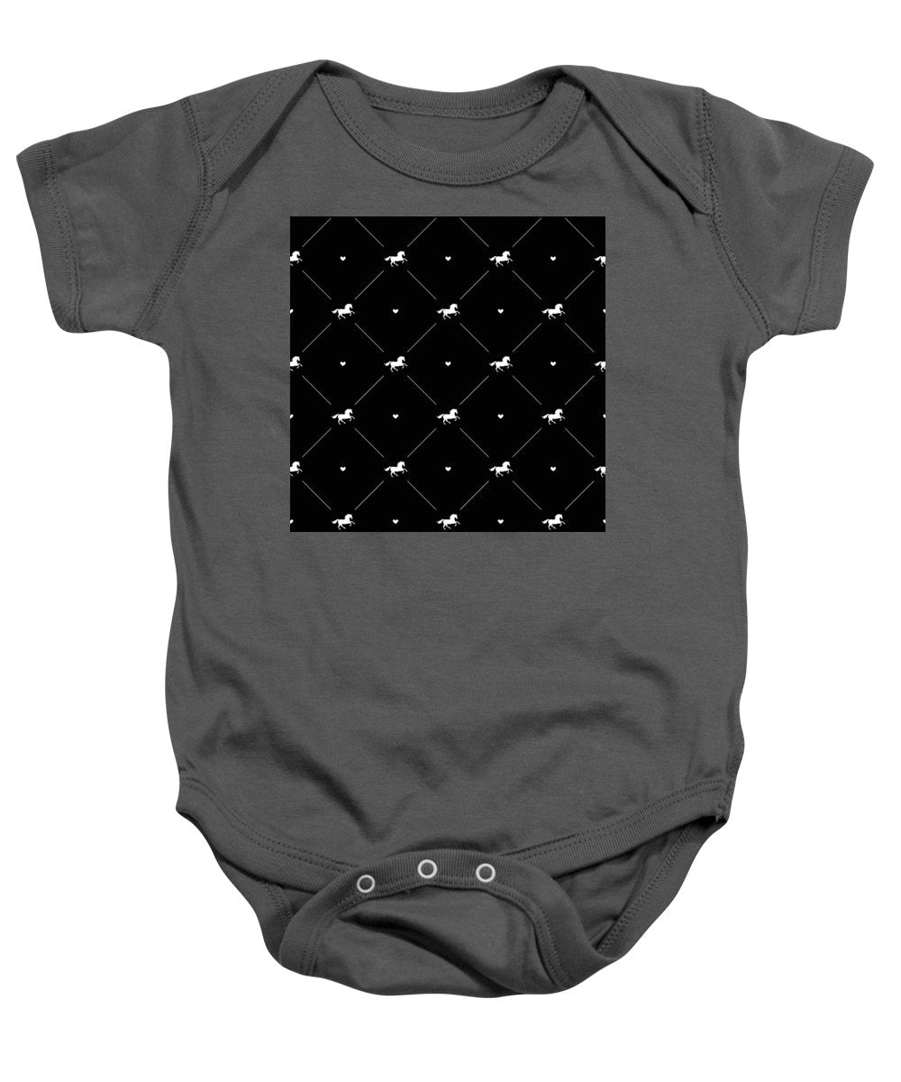 Vector seamless pattern of white horse silhouette with heart isolated on black - Baby Onesie