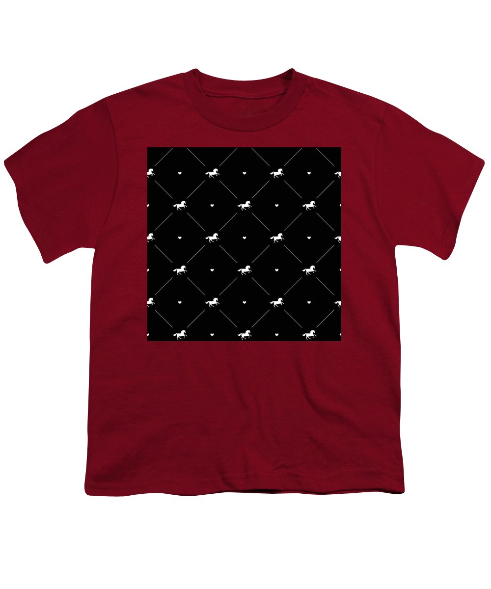 Vector seamless pattern of white horse silhouette with heart isolated on black - Youth T-Shirt