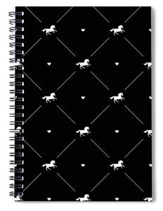 Vector seamless pattern of white horse silhouette with heart isolated on black - Spiral Notebook